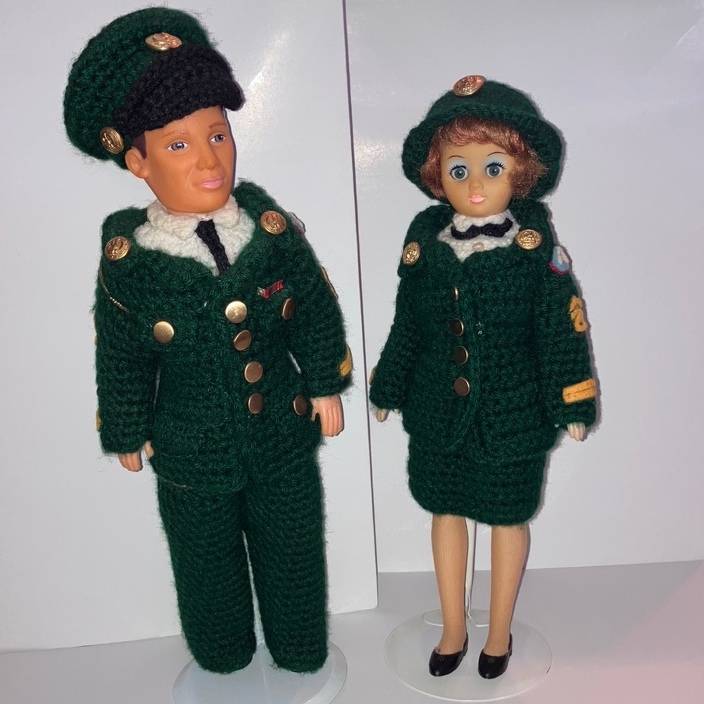 Vintage Handcrafted Green Military Doll Set with Gold Accents